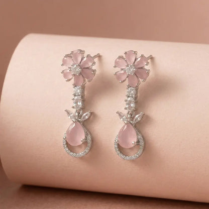 K-A Trends anti tarnish pink stone floral drop earrings with silver plating premium jewellery display