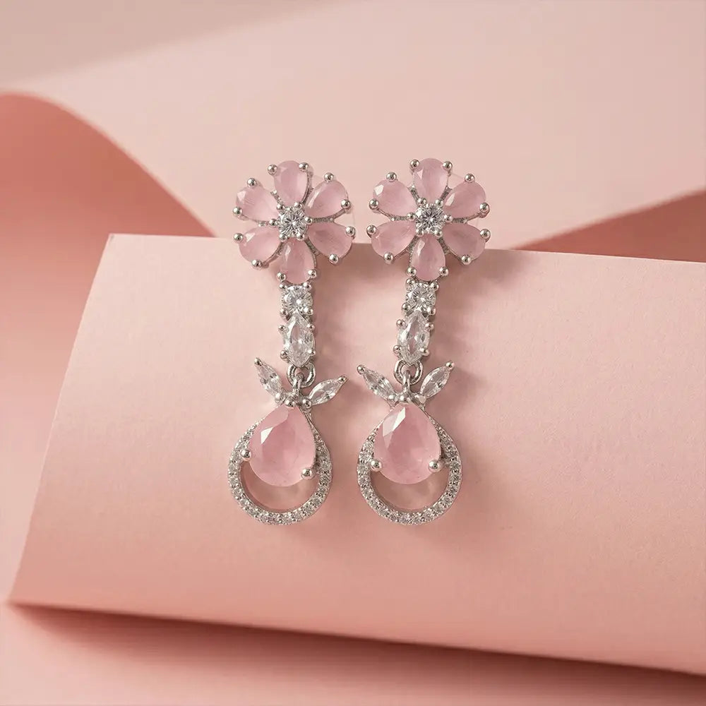 K-A Trends anti tarnish pink gemstone floral drop earrings with sparkling stones elegant premium jewellery shoot