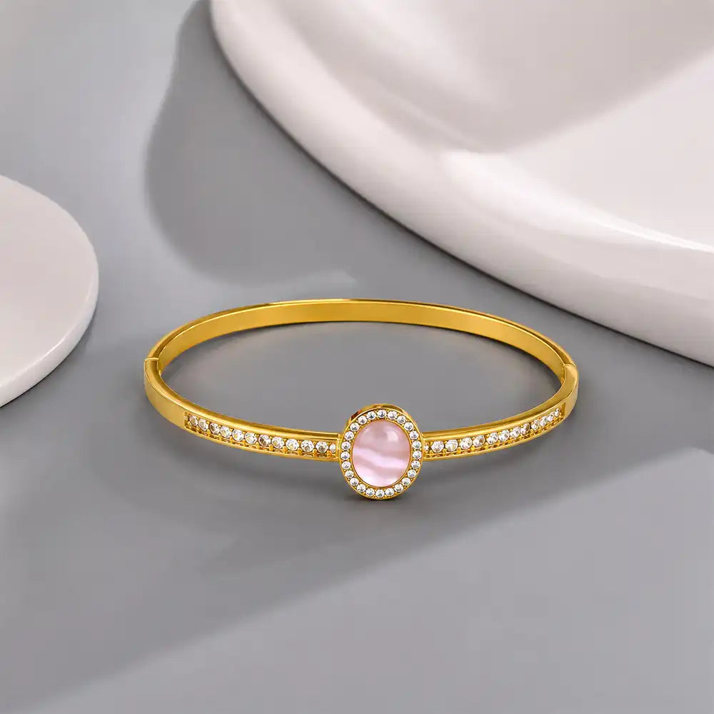Anti tarnish pink stone bangle bracelet with crystal detailing