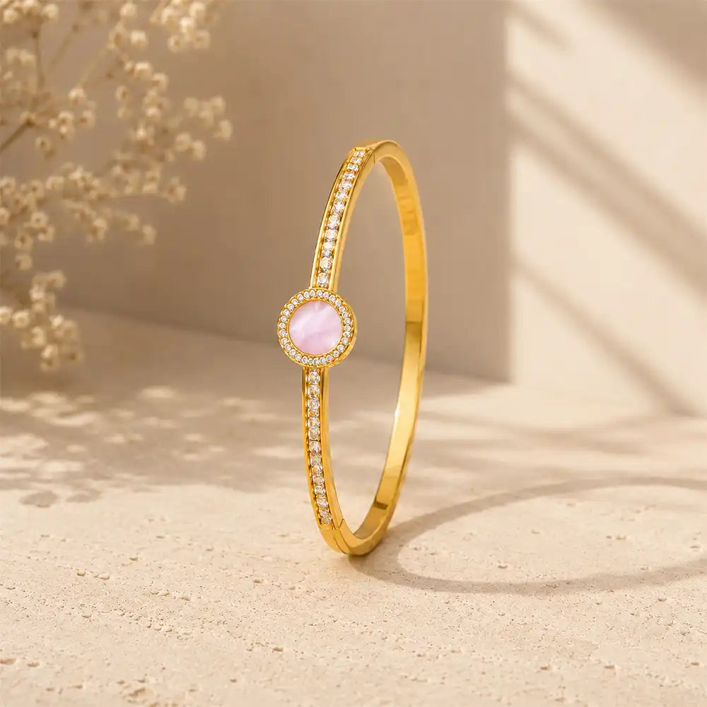 Anti tarnish pink stone bangle bracelet with crystal detailing