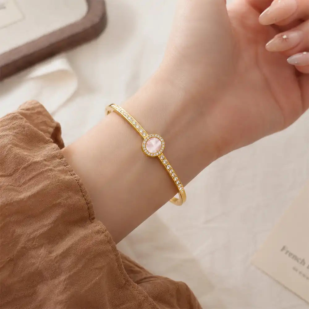 Anti tarnish gold bracelet with pink stone and crystal detailing