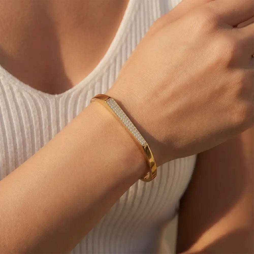 Shimmer Bar Bracelet Anti-Tarnish Gold Bracelet for Women with Crystal Studded Minimal Cuff Design on Wrist