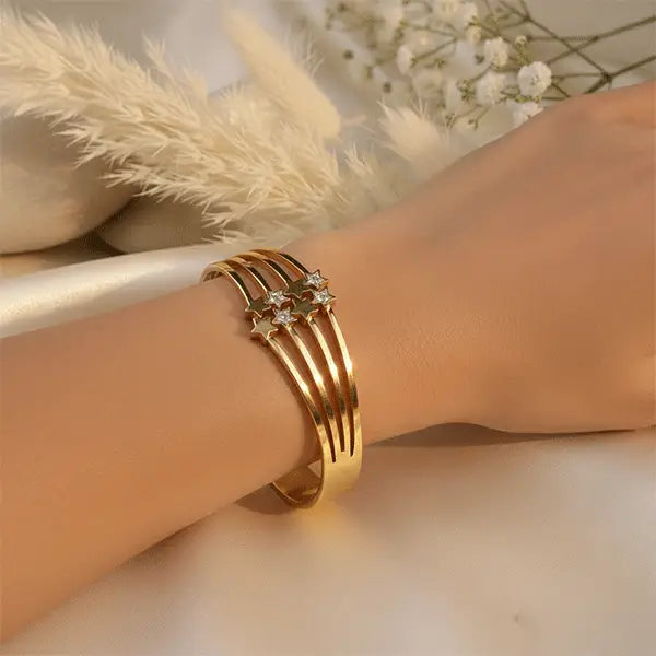 Shooting Star Bracelet by K-A Trends worn on wrist, anti-tarnish stainless steel bracelet, star design jewellery, not gold plated, everyday luxury wear