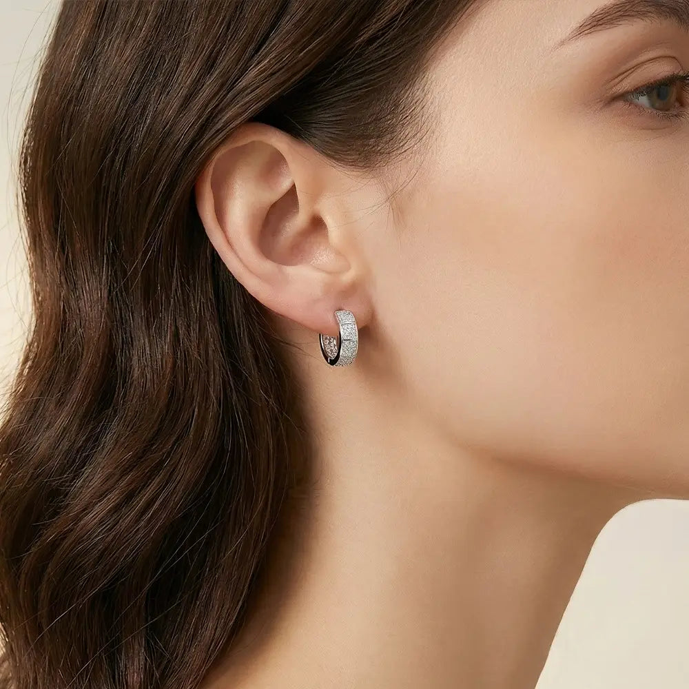 Model wearing silver AD bali hoop earrings with cubic zirconia detailing, anti tarnish earrings by K-A Trends