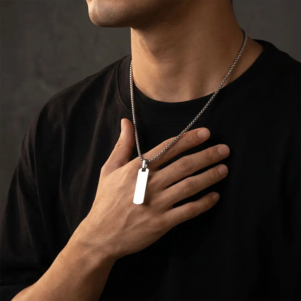 Stylish men’s silver bar pendant necklace paired with black outfit for modern everyday fashion from K-A Trends