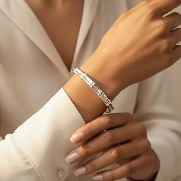 Silver Stack Bracelet anti-tarnish silver-tone bracelet worn on wrist, minimal everyday bracelet styled with neutral outfit