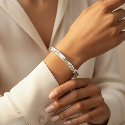 Silver Stack Bracelet anti-tarnish silver-tone bracelet worn on wrist, minimal everyday bracelet styled with neutral outfit