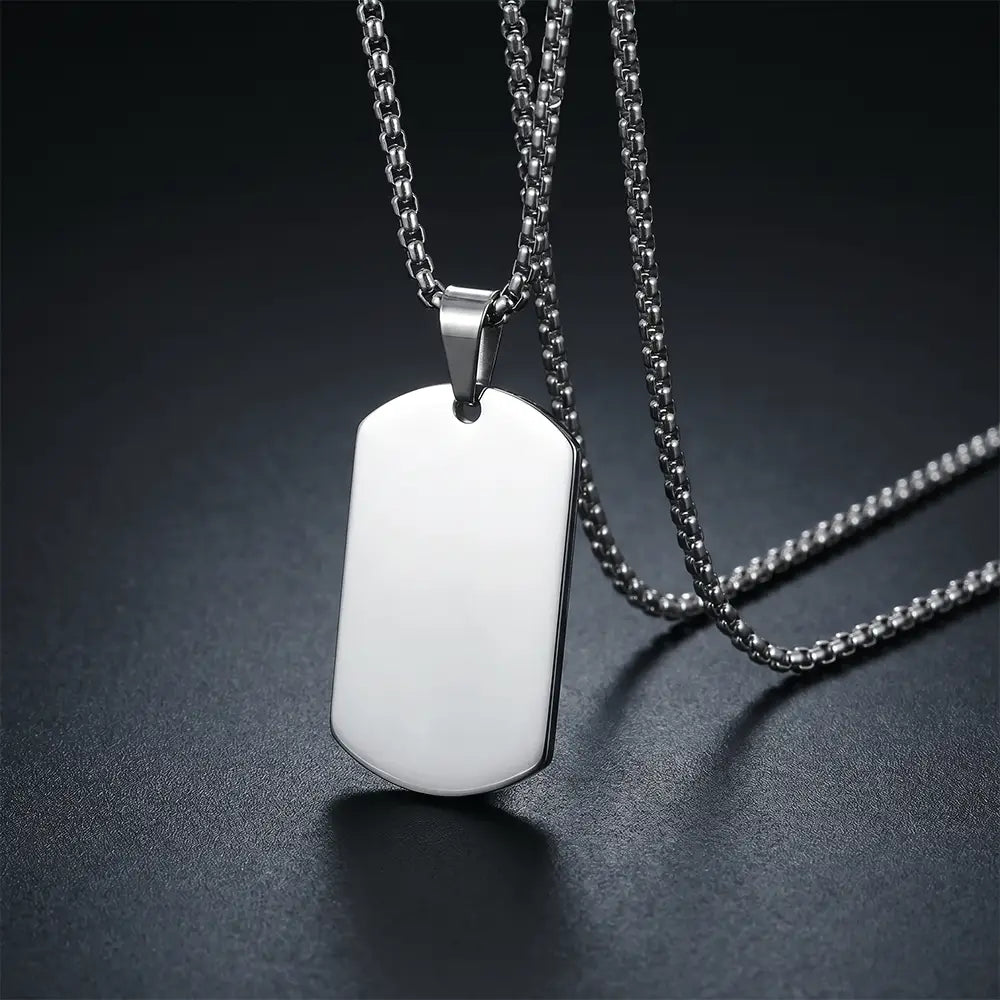 Modern stainless steel silver tag pendant necklace with sleek minimalist chain design from K-A Trends