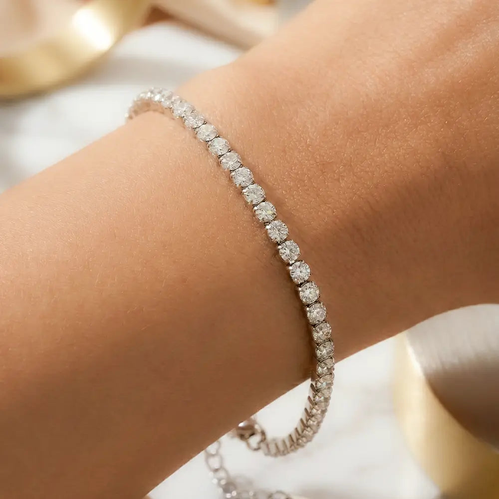 K-A Trends anti tarnish silver tennis bracelet worn on wrist with sparkling cubic zirconia stones elegant styling