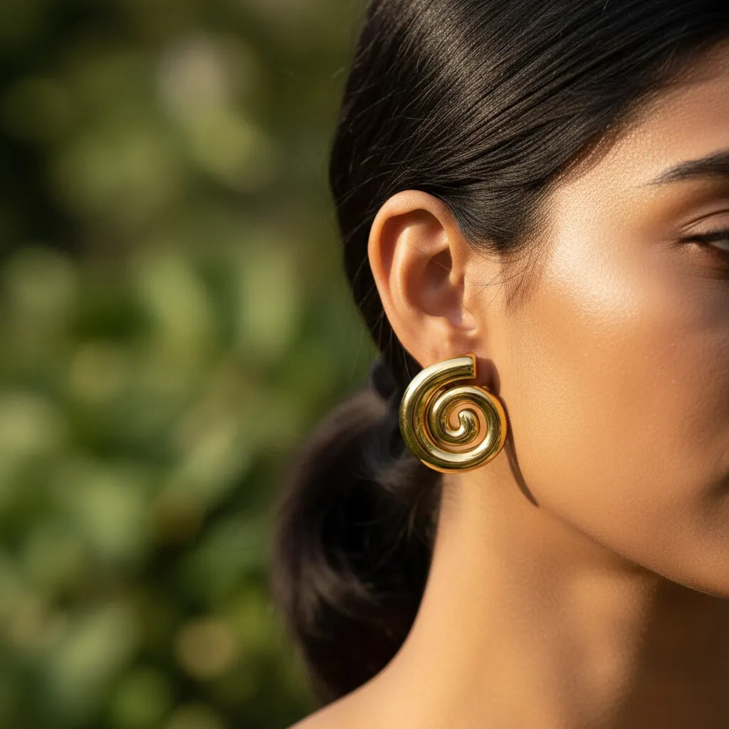 Pair of bold, anti-tarnish gold spiral stud earrings on a cream-colored surface.