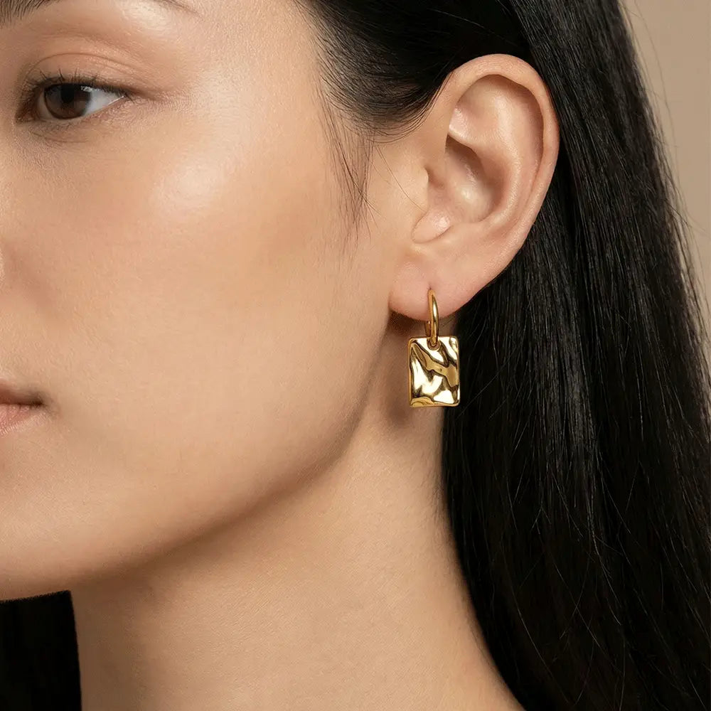 K-A Trends Square Drop Earrings on Ear – Anti Tarnish Gold Finish Statement Earrings