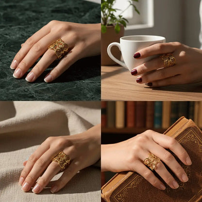 Sunshine Petal Ring worn on hand in four lifestyle settings: marble table, coffee moment, beige fabric, and vintage book.
