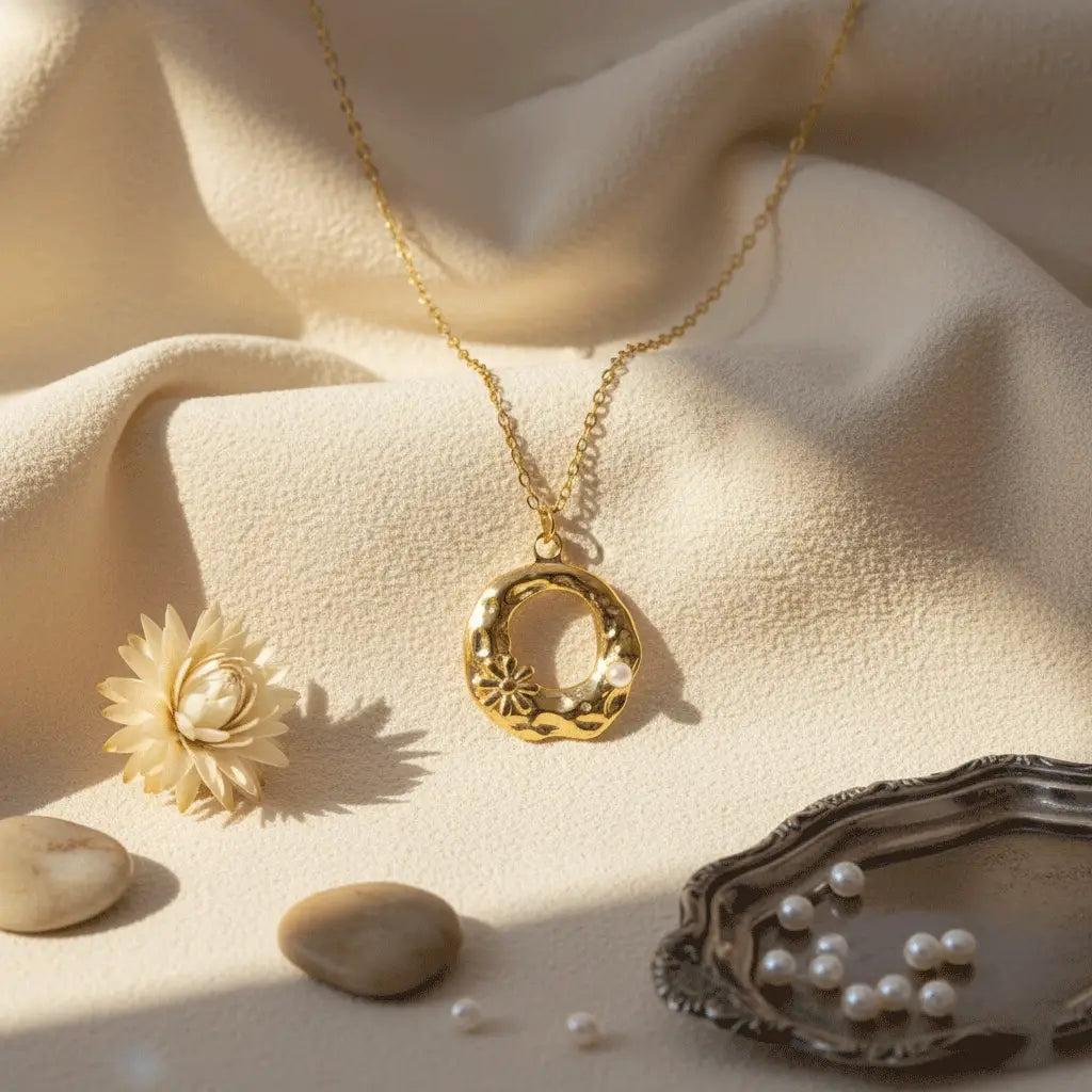 Handcrafted gold round pendant necklace with floral design and pearls styled on textured beige cloth with stones and pearls.