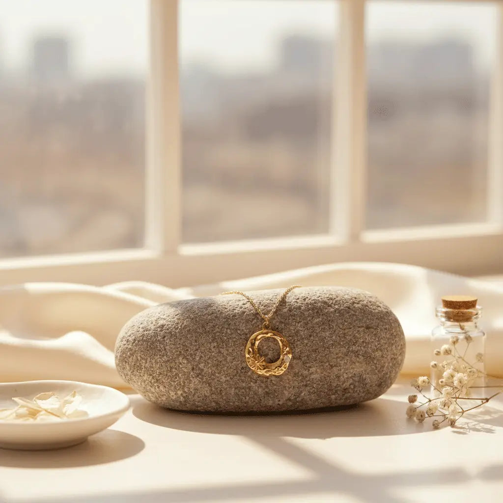 Minimal textured round gold pendant necklace placed on a smooth stone near a window with warm natural sunlight.