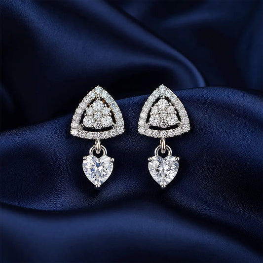 Trinity AD Heart Drop Earrings – Sparkling Silver Triangle and Heart Earrings on Navy Satin