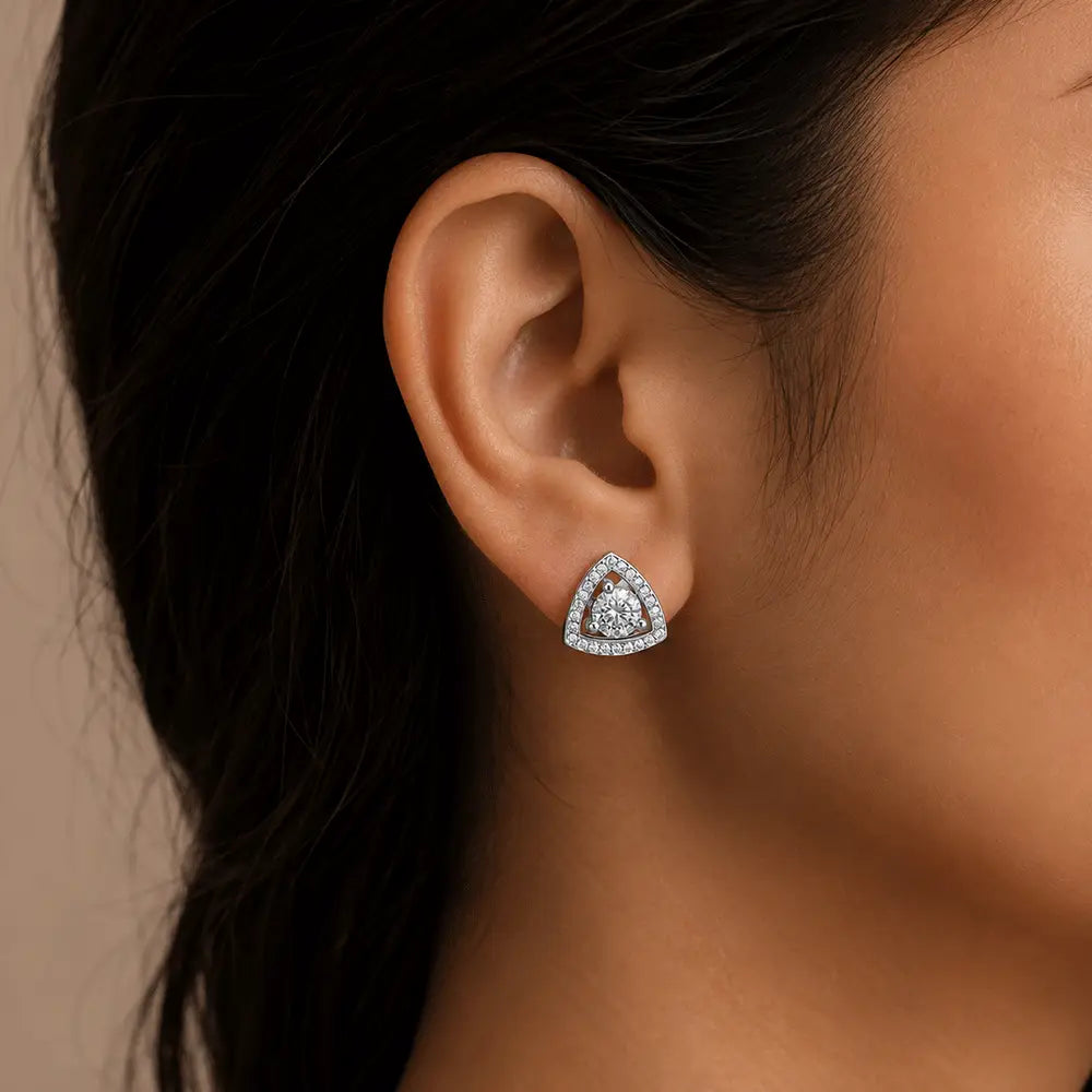 Trinity AD Stud Earrings – Close-Up Model Wearing Silver Triangle Stud Earrings