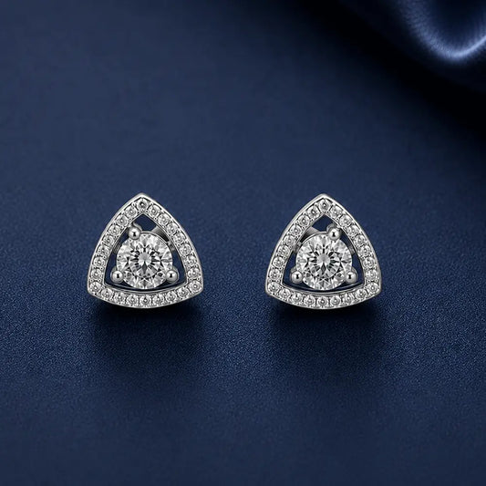 Trinity AD Stud Earrings – Elegant Silver Triangle Studs with Clear Crystal