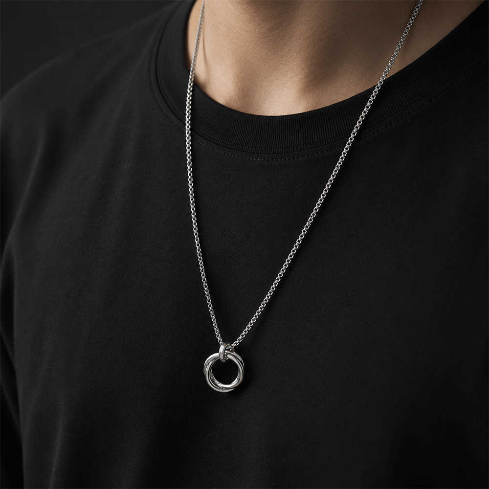 K-A Trends Triple Ring Pendant Anti Tarnish Stainless Steel Necklace on Black T-Shirt