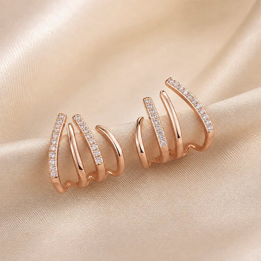 Triple Spike Rose Gold AD Stud Earrings – Elegant Rose Gold Spiral Earrings with Sparkling AD Stones