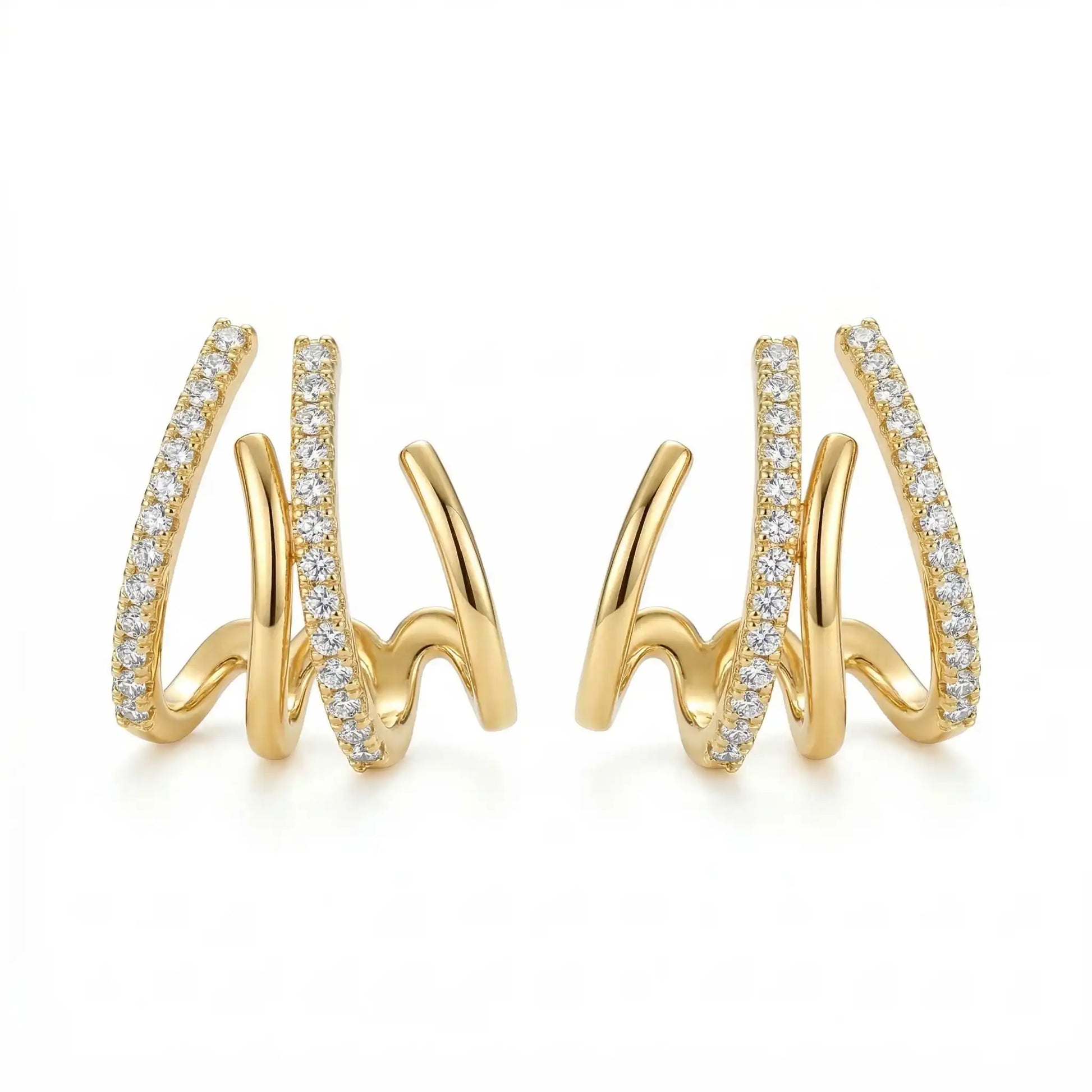 Triple spike AD stud earrings displayed on a plain white background, featuring three curved bars with one lined in sparkling stones.
