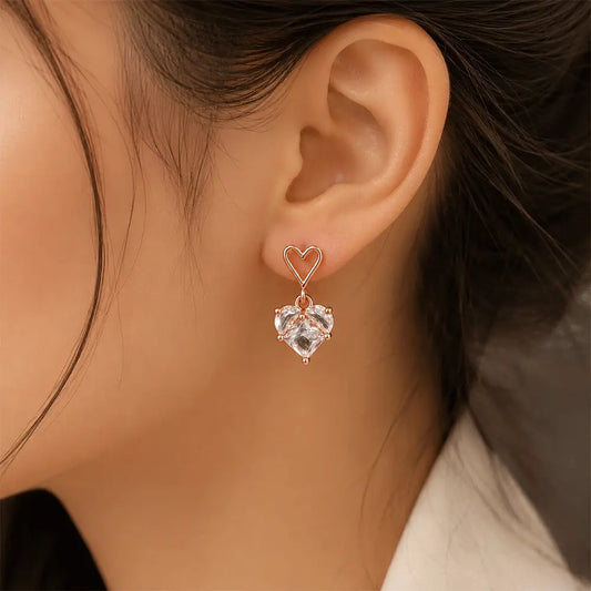 Twin Heart Rose Gold AD Drop Earrings – Crystal Heart Earrings on Model