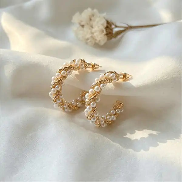 Twisted Pearl Hoops earrings with dried white flower, elegant gold pearl hoop earrings in premium product styling