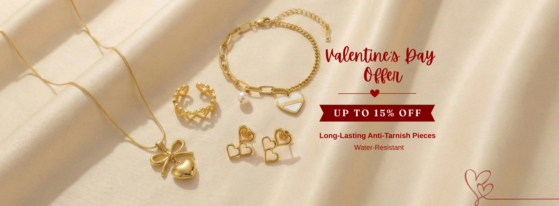 Gold jewelry set with 'Valentine's Day Offer' text on a beige background