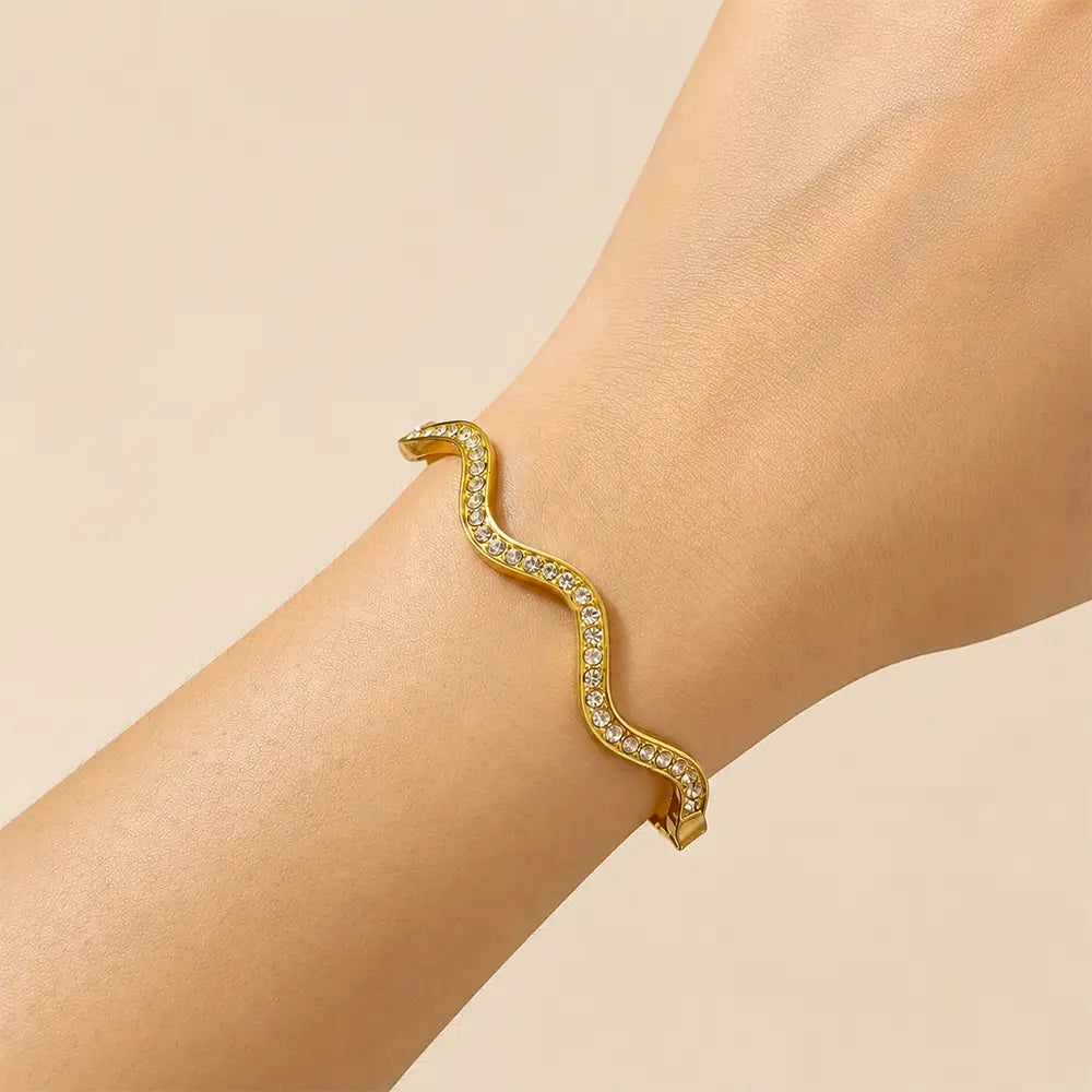 Gold Wave Anti-Tarnish Bracelet with Crystal Detailing on Wrist