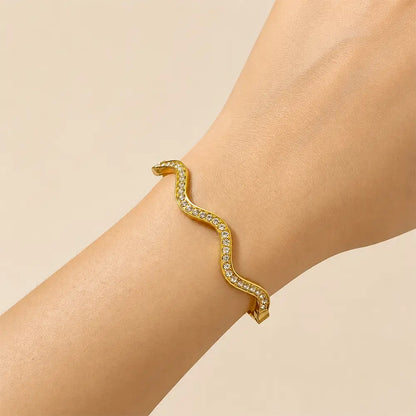 Gold Wave Anti-Tarnish Bracelet with Crystal Detailing on Wrist