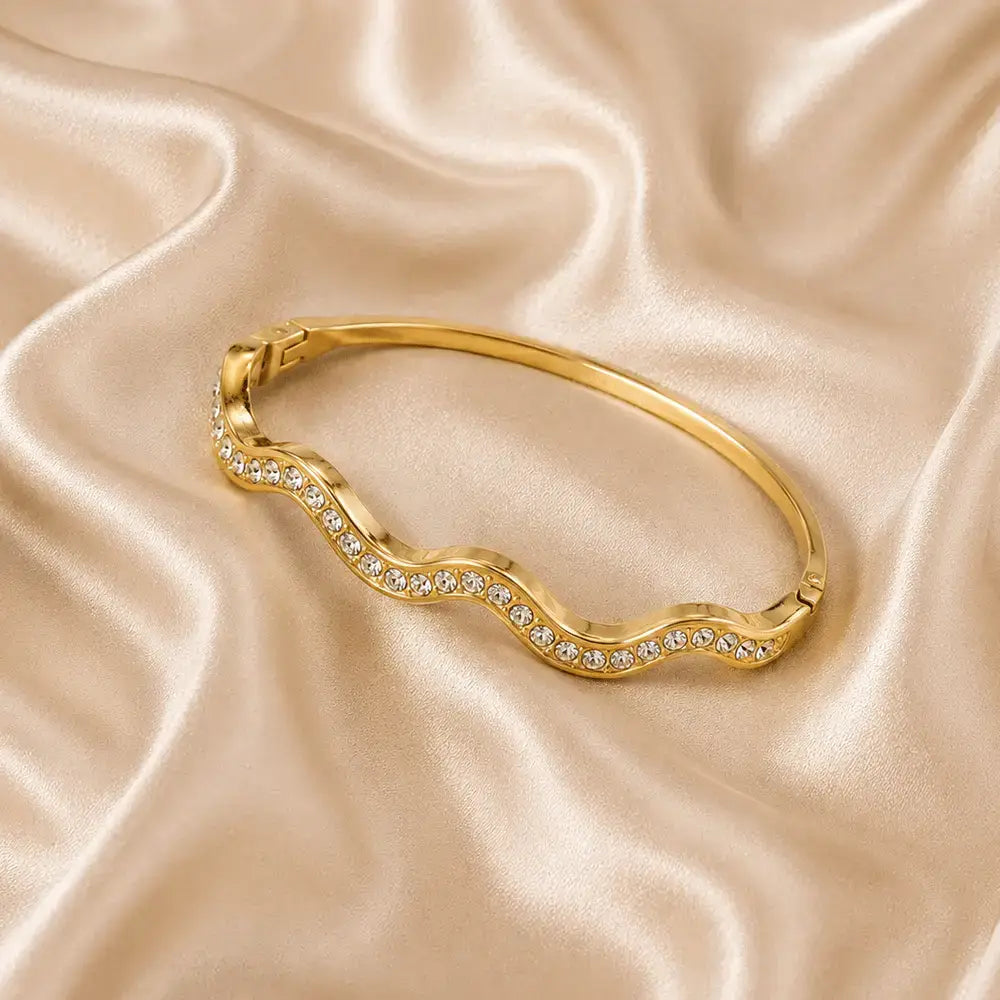 Gold Wave Anti-Tarnish Bracelet on Satin Fabric
