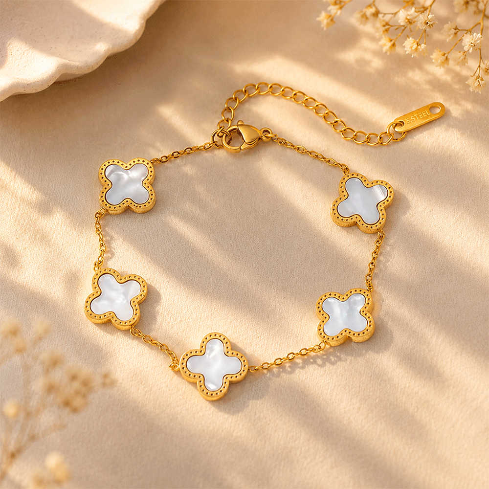K-A Trends White Clover Anti-Tarnish Bracelet with Mother of Pearl Clover Charms – Elegant Gold Bracelet for Women