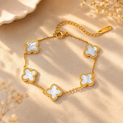 K-A Trends White Clover Anti-Tarnish Bracelet with Mother of Pearl Clover Charms – Elegant Gold Bracelet for Women
