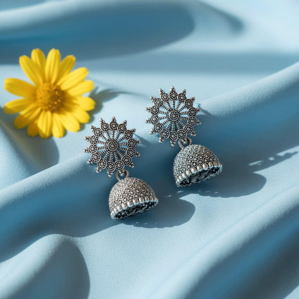 Silver Zariyah jhumka earrings with intricate sunburst tops displayed on soft blue fabric.