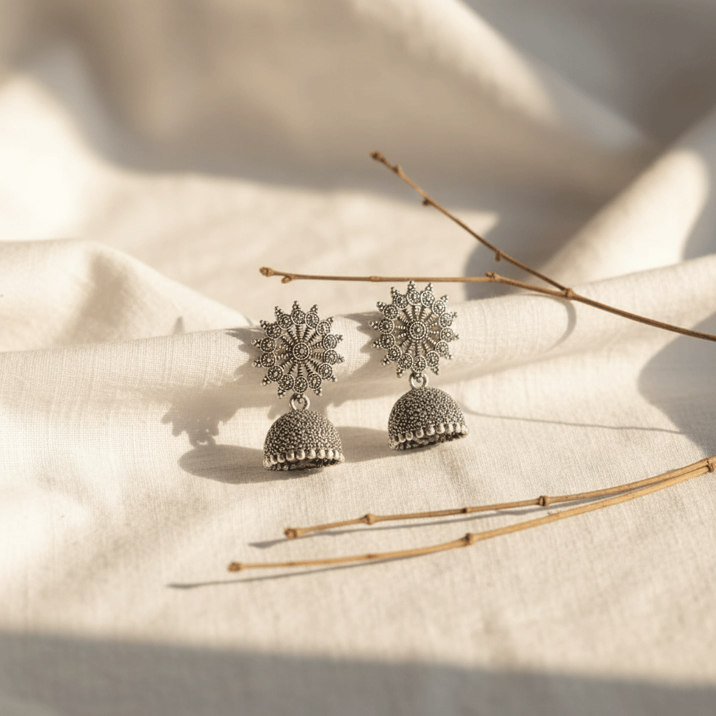 Oxidised silver Zariyah jhumka earrings with detailed floral sunburst design on a cream cloth backdrop.