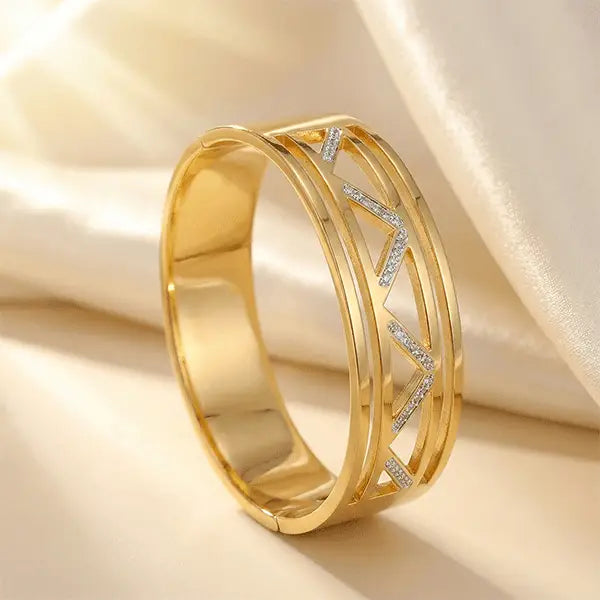 Zigzag Bracelet anti-tarnish geometric bracelet in golden colour displayed on soft satin fabric with minimal styling