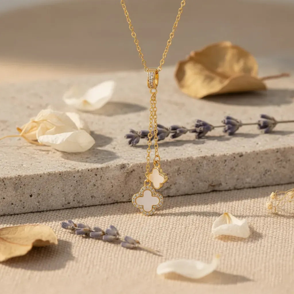 Gold Duo Clover Pendant Necklace with Anti-Tarnish finish and Mother-of-Pearl inlay. A delicate Y-drop style charm necklace.