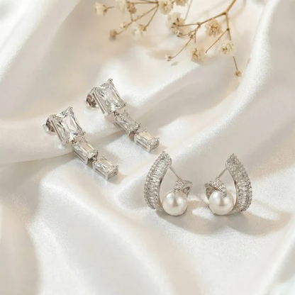 K-A Trends anti tarnish silver earrings combo with baguette crystal drop earrings and pearl curved statement studs luxury evening wear