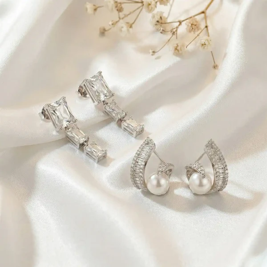 K-A Trends anti tarnish silver earrings combo with baguette crystal drop earrings and pearl curved statement studs luxury evening wear