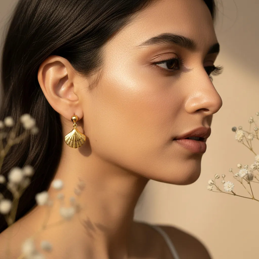 Anti-tarnish gold shell drop earrings. Beach jewelry, fan-shaped shell pendant.