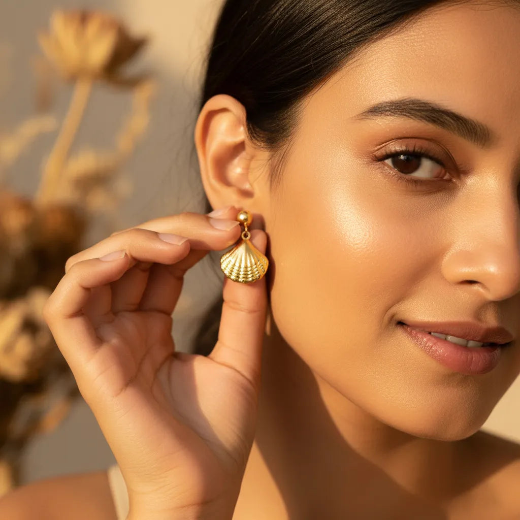 Anti-tarnish gold shell drop earrings. Beach jewelry, fan-shaped shell pendant.