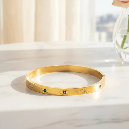 Stylish anti-tarnish gold evil eye bracelet designed to bring positivity and good luck.