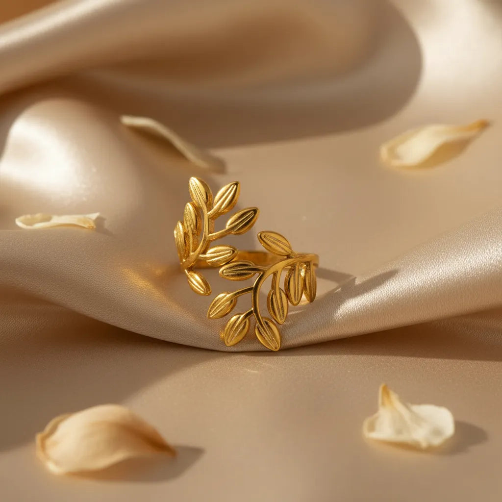 Add anti-tarnish gold leaf ring for a soft, graceful touch to your look