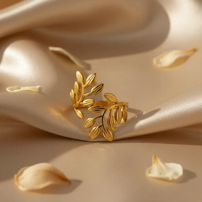 Add anti-tarnish gold leaf ring for a soft, graceful touch to your look