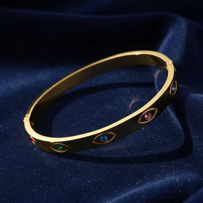 Stylish anti-tarnish gold evil eye bracelet designed to bring positivity and good luck.