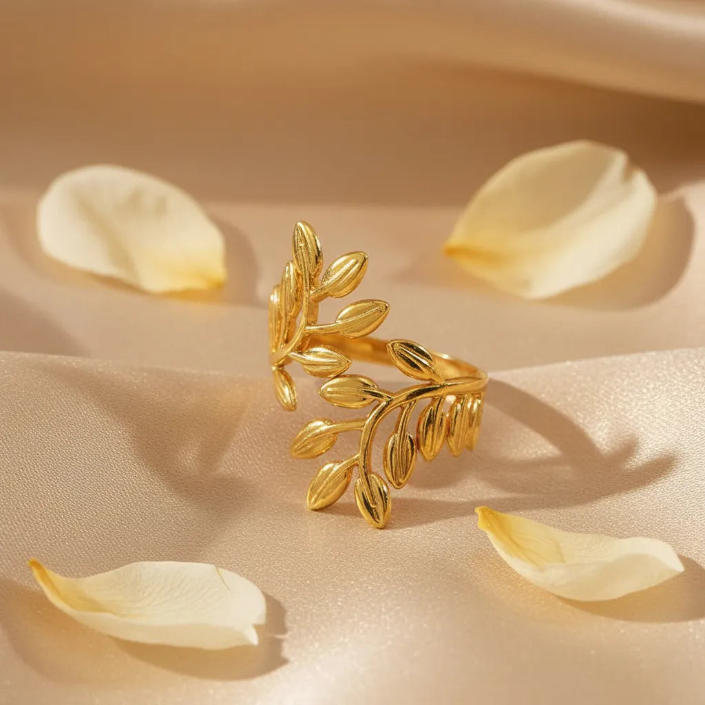 Add anti-tarnish gold leaf ring for a soft, graceful touch to your look