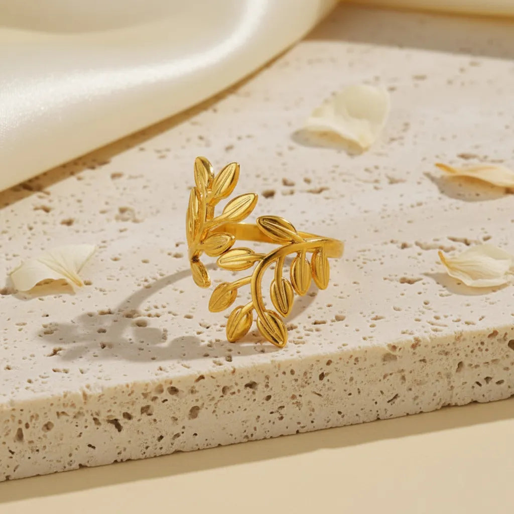 Add anti-tarnish gold leaf ring for a soft, graceful touch to your look