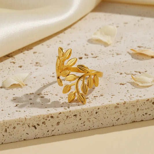 Add anti-tarnish gold leaf ring for a soft, graceful touch to your look